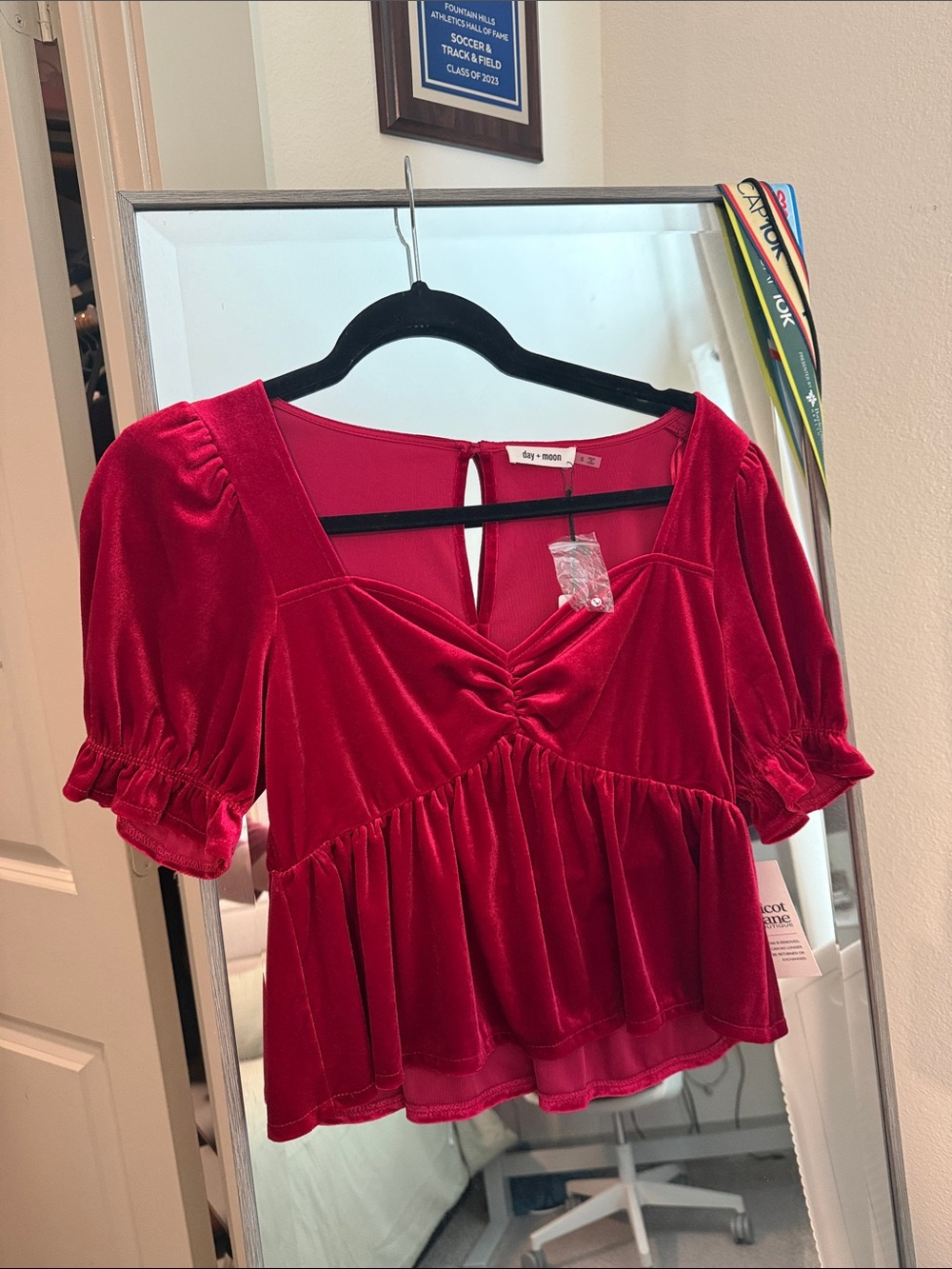 Red Velvet Ruched Peplum Puff Sleeve Blouse